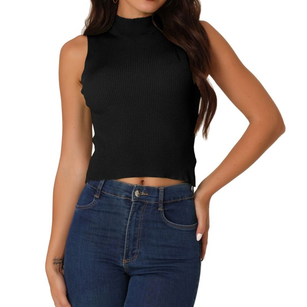 Mock Neck Ribbed Knit Sweater Vest Sleeveless Tank Tops Black